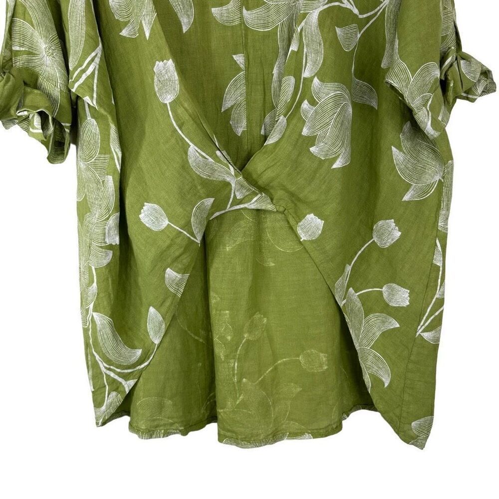 Italian 100% Linen Boho Green Floral Hi-Low Relaxed Fit Tunic Top Women One Size - Picture 4 of 8